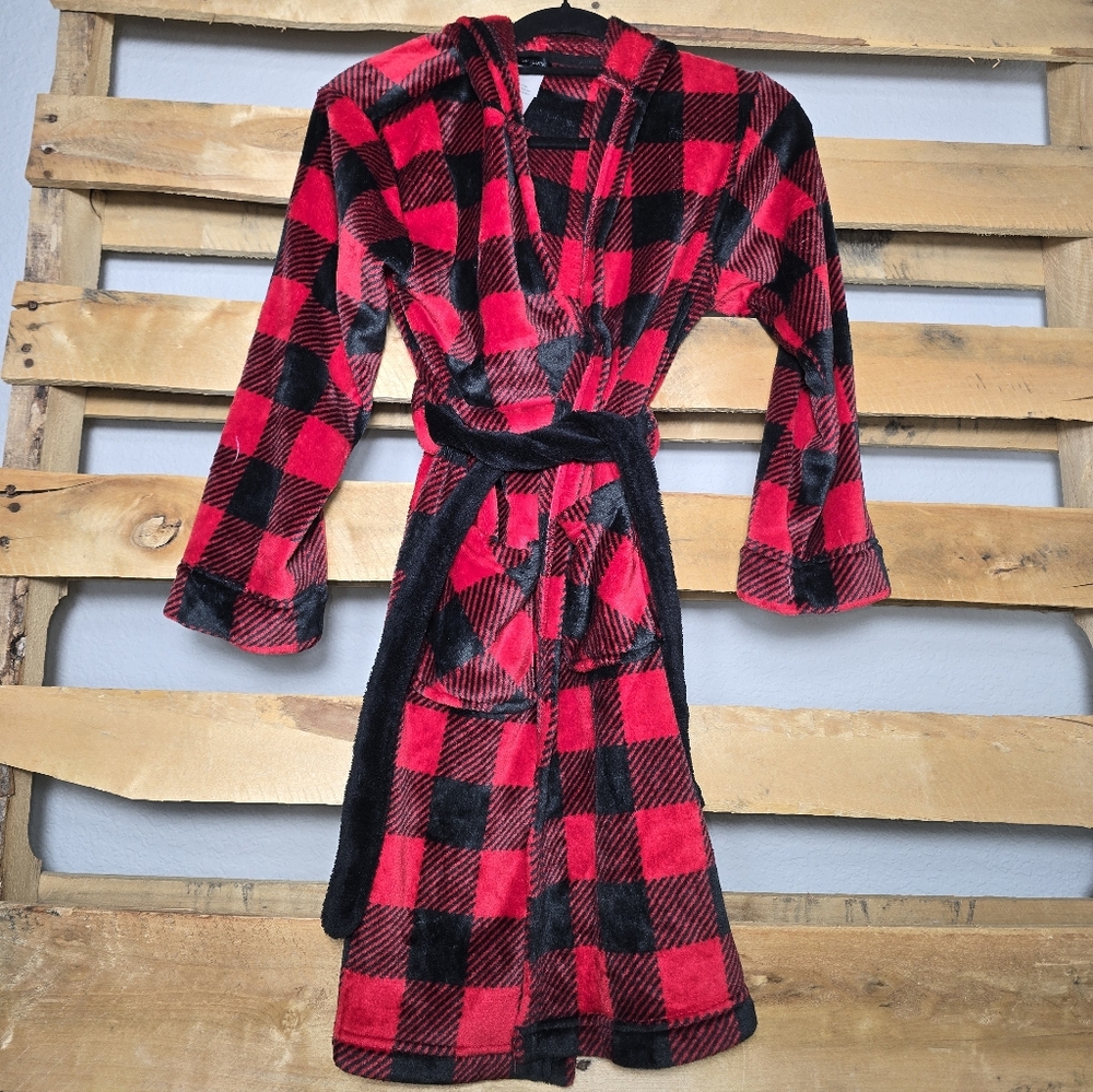 Red and Black Plaid Hooded Robe For Kid's Size:L (12/14)